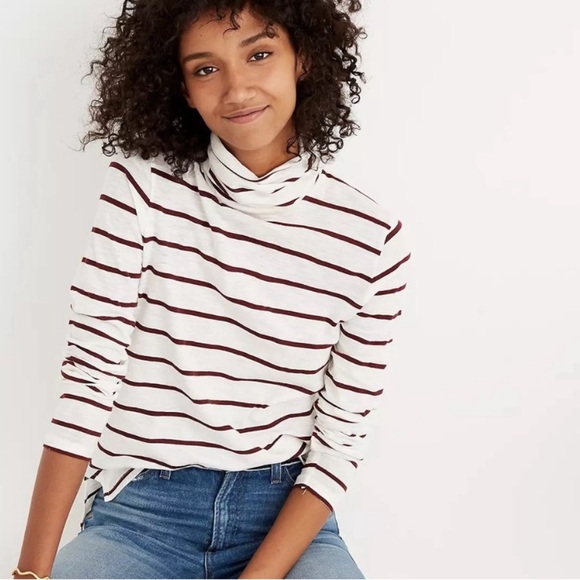 Madewell Whisper Cotton Turtleneck White and Maroon Striped, size M - Picture 2 of 10